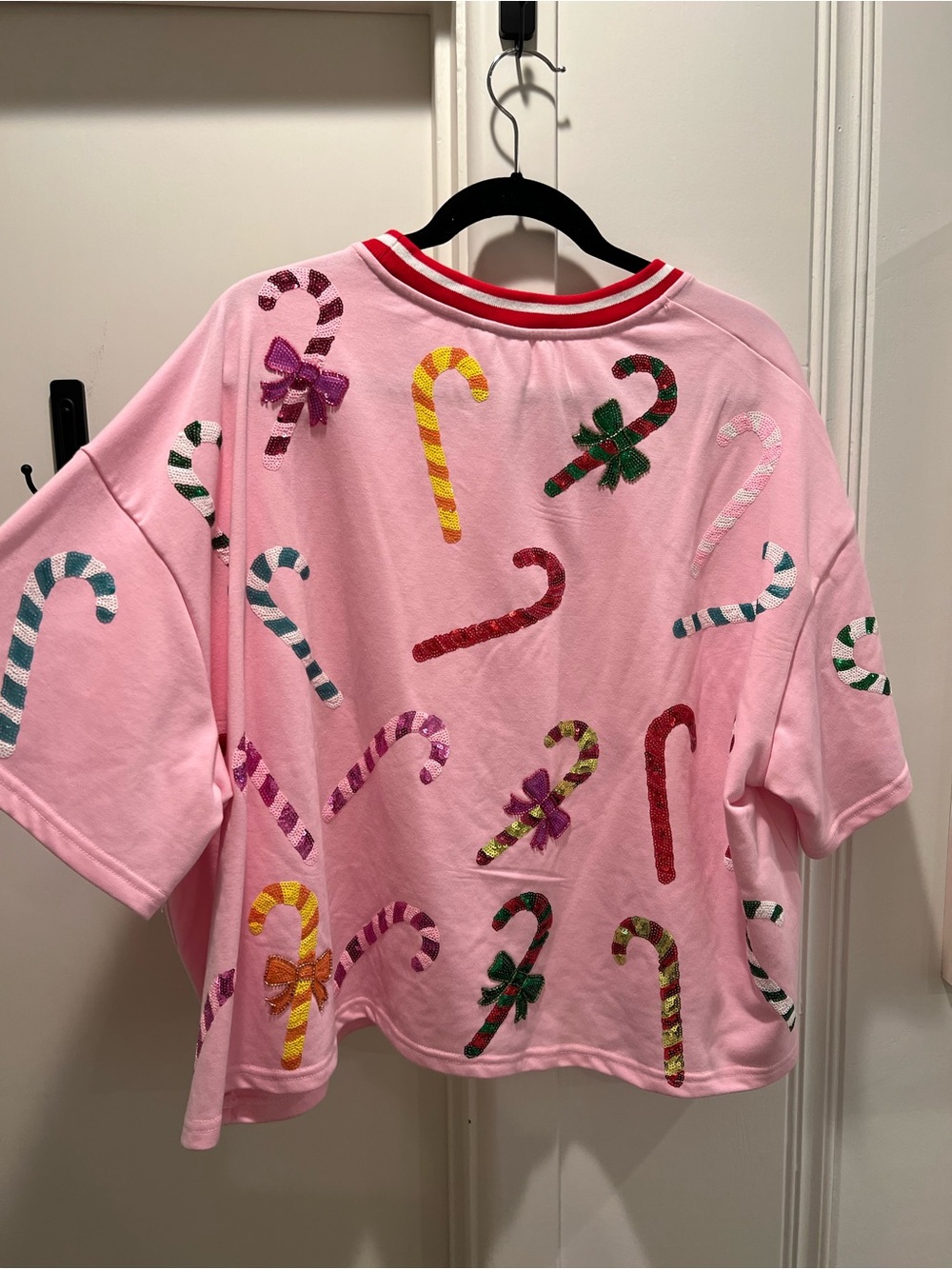 Queen of Sparkles Pink Short Sleeve Sweatshirt with Red Trim Sequin Candy Cane - Picture 4 of 5